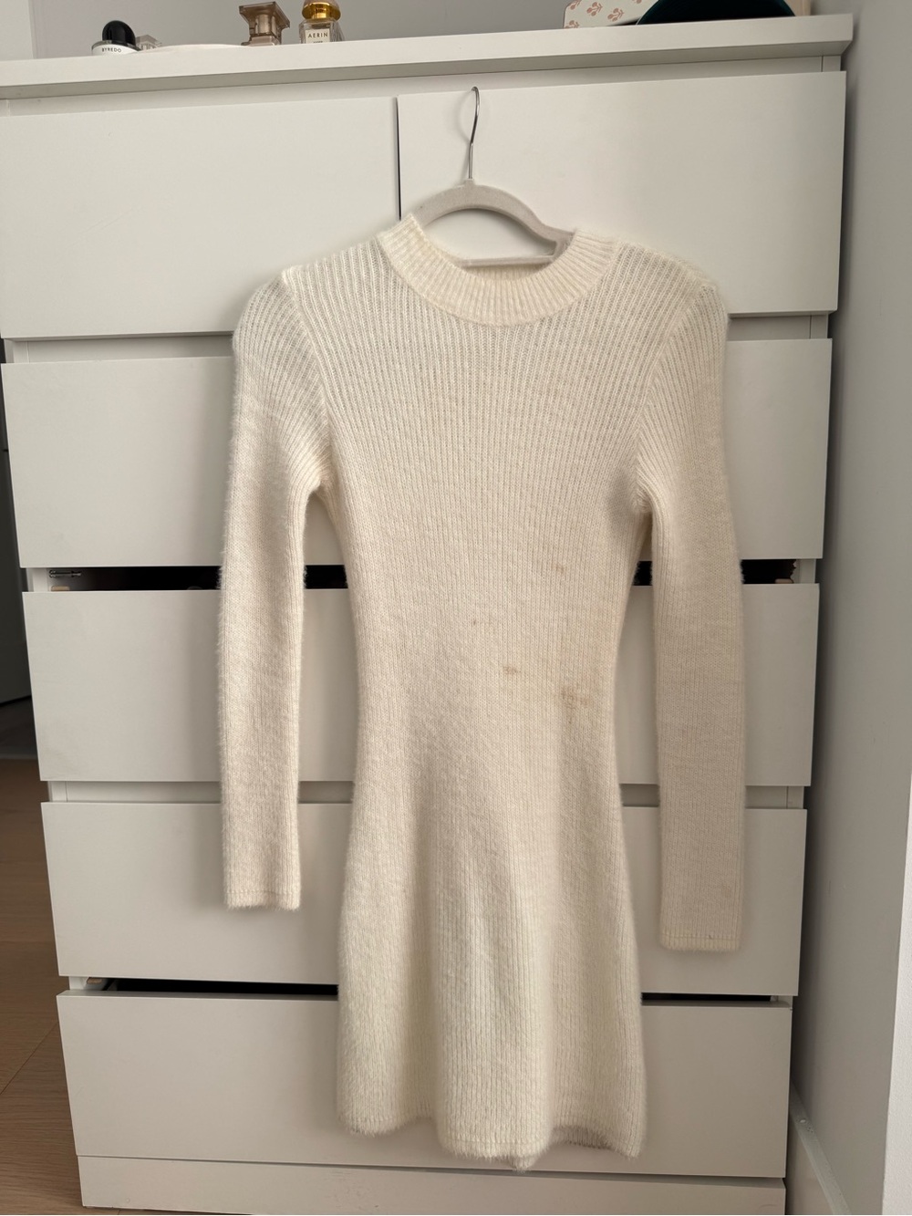 Zara Cream Ribbed Long-Sleeve Knit Dress